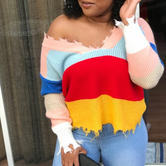 Loose fitting Multi Color Off The Shoulder Sweater - Picture 2 of 3